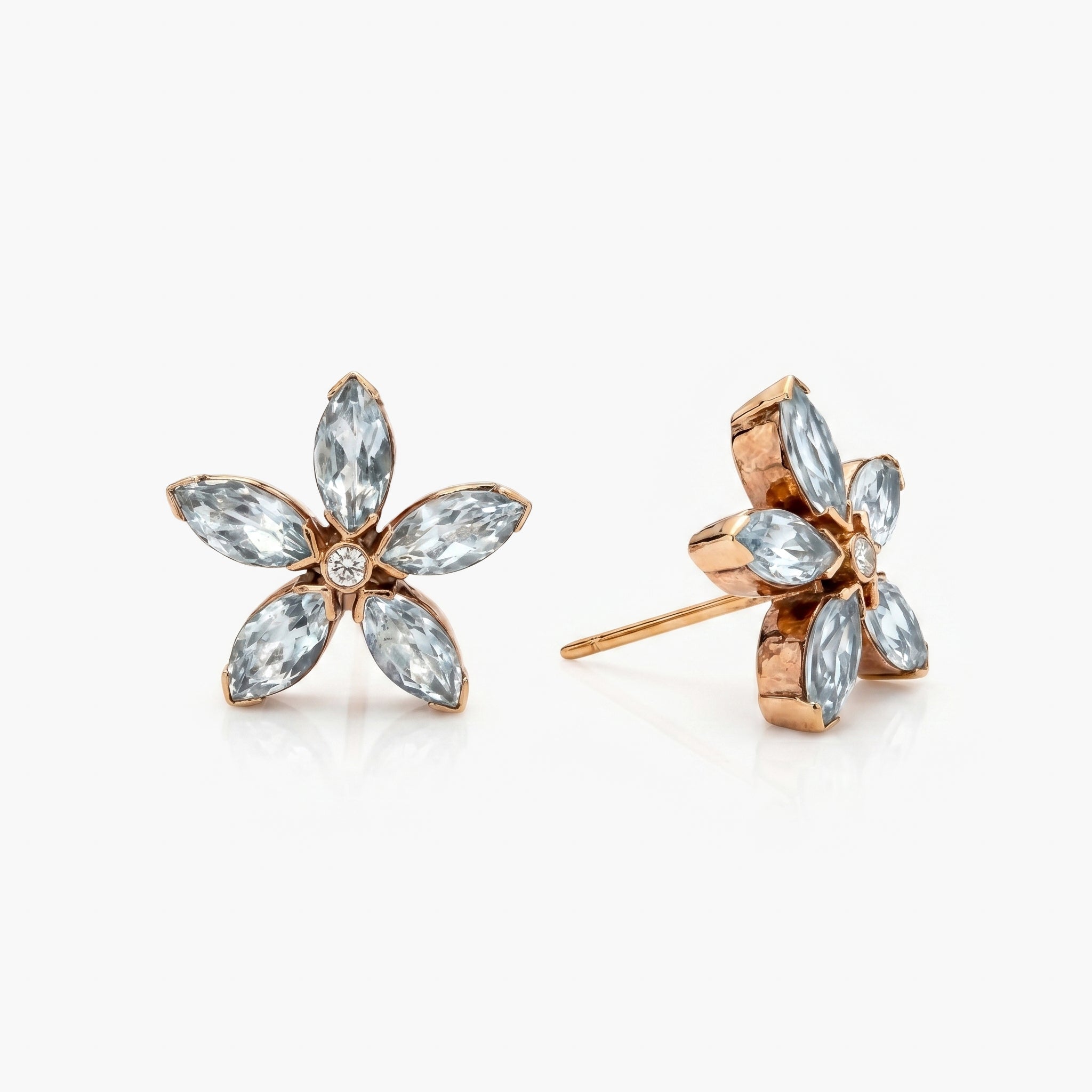 9ct Rose Gold Aquamarine and Diamond Flower Stud Earrings