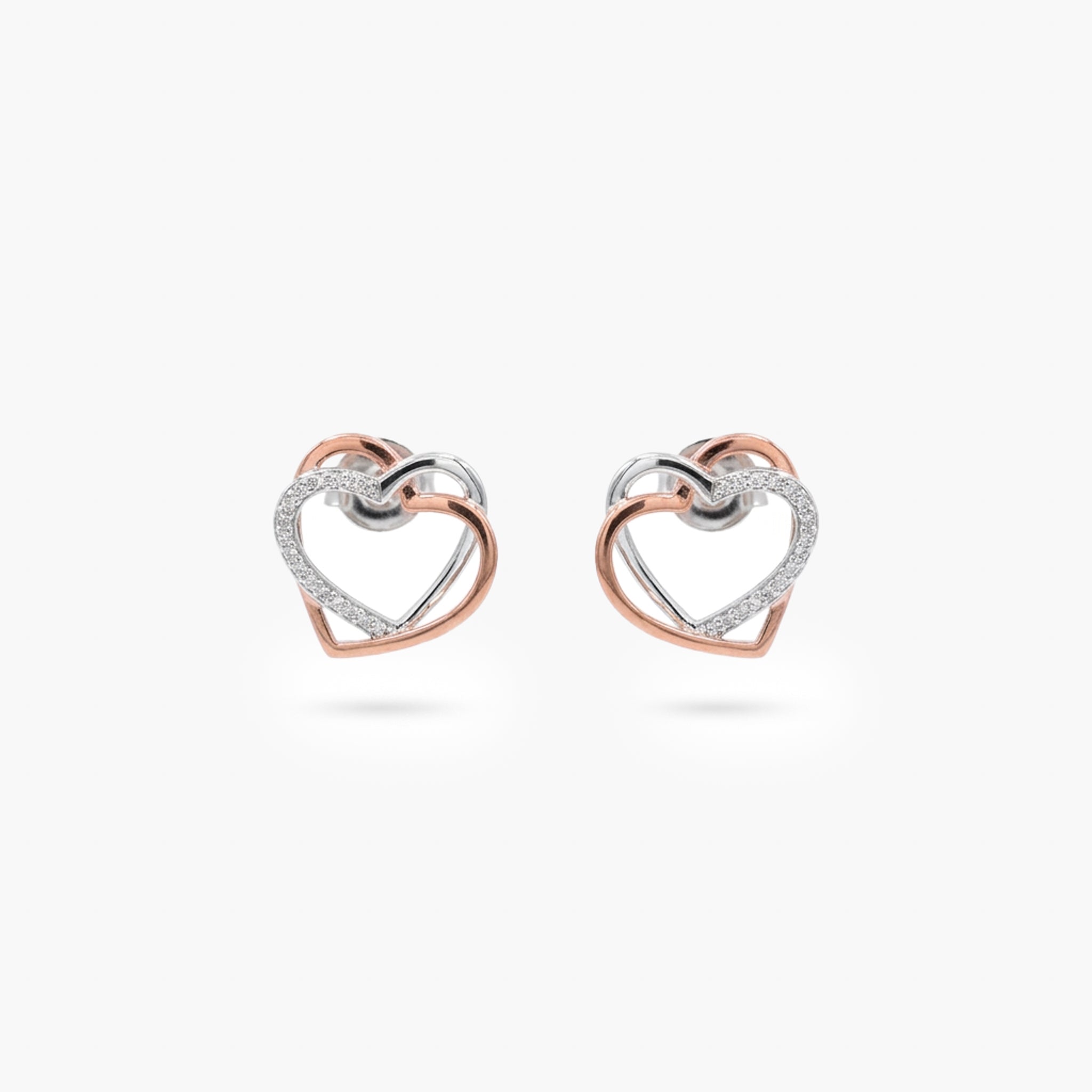 Sterling Silver Bi-Colour Interlocking CZ Heart Stud Earrings