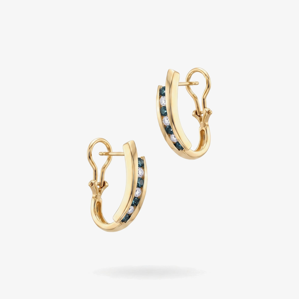 Vintage 14ct Yellow Gold Blue & White Diamond Half Hoop Earrings