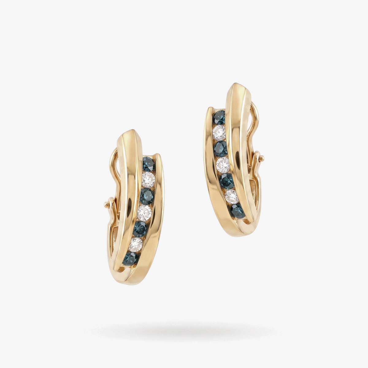 Vintage 14ct Yellow Gold Blue & White Diamond Half Hoop Earrings