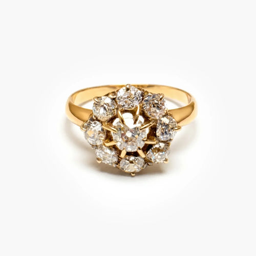 18ct Gold Old European Cut Diamond Cluster Daisy Ring - The Jewel House