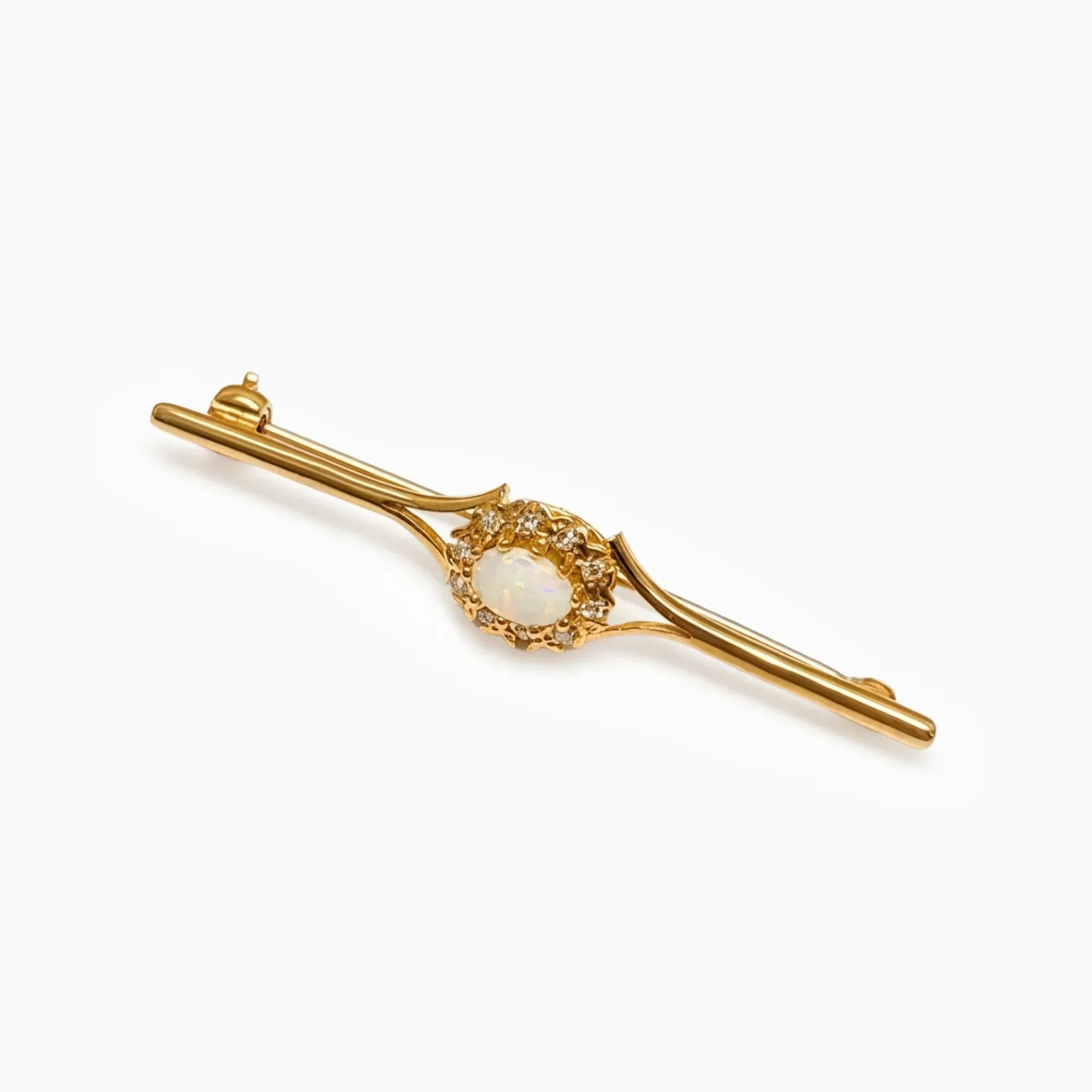 9ct Gold Opal and Diamond Cluster Bar Brooch - The Jewel House