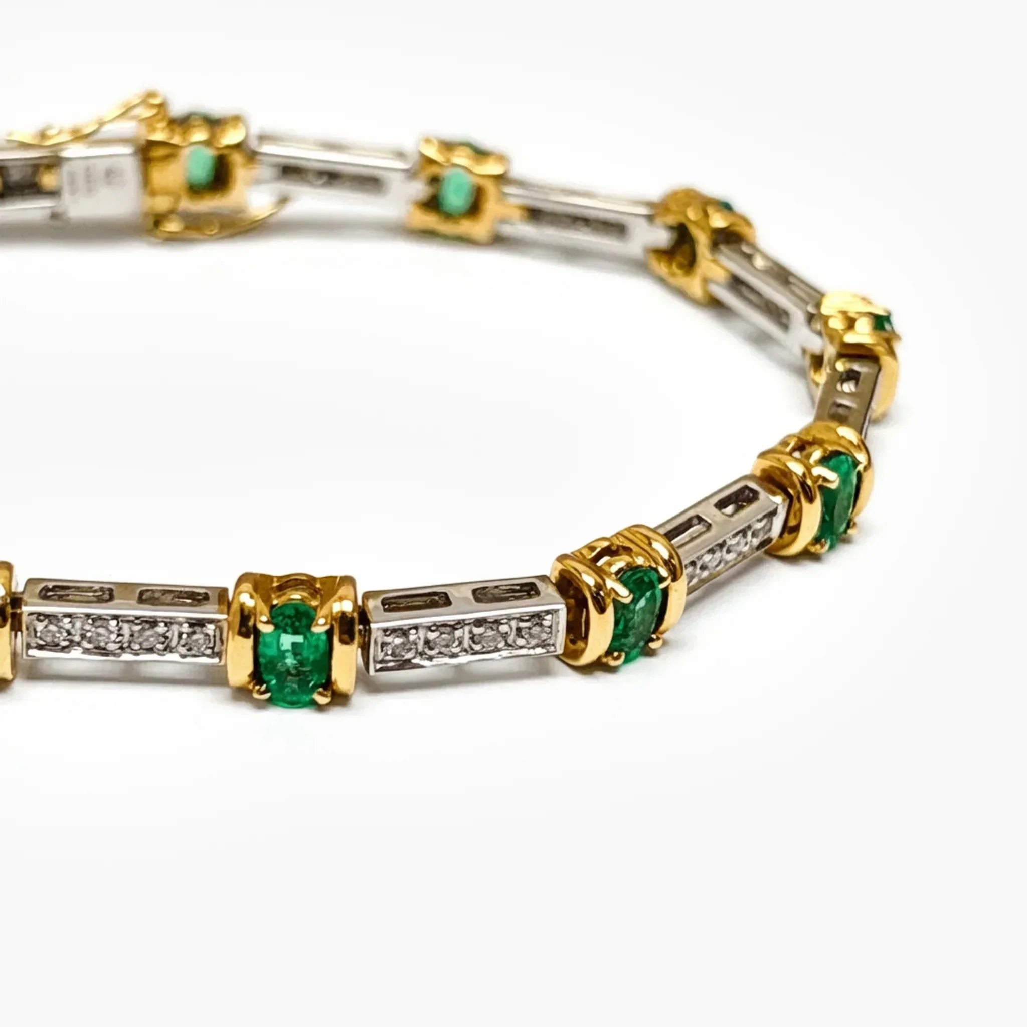 14ct Gold Two-Tone Emerald and Diamond Line Bracelet - The Jewel House