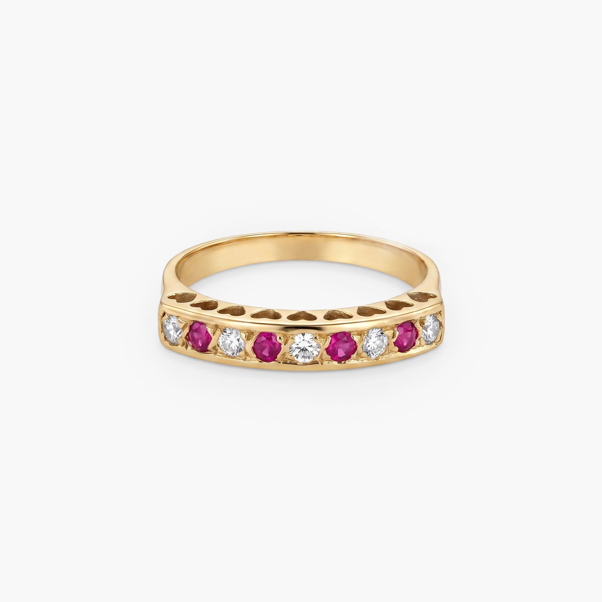 9ct Yellow Gold Ruby & Diamond Heart Bridge Half Eternity Ring
